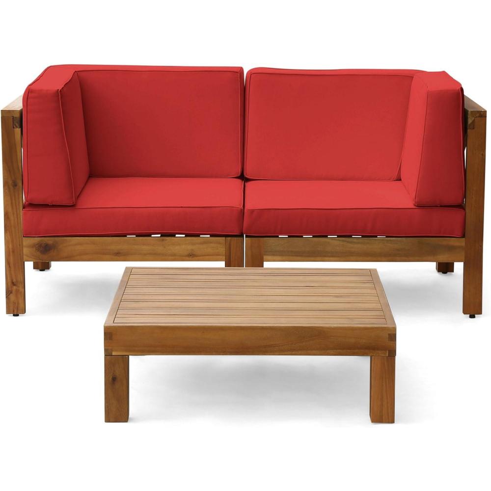 image:imageChristopher Knight Home Brava Outdoor Modular Acacia Wood Loveseat and Coffee Table Set WaterResistant Cushions 3025 W x 3025 D x 265 H Teak Red