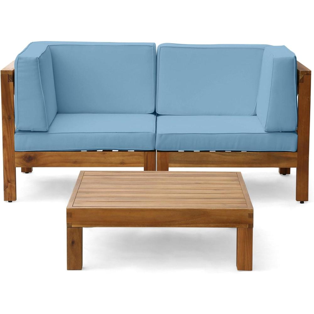 image:imageChristopher Knight Home Brava Outdoor Modular Acacia Wood Loveseat and Coffee Table Set with Cushions Teak and Blue