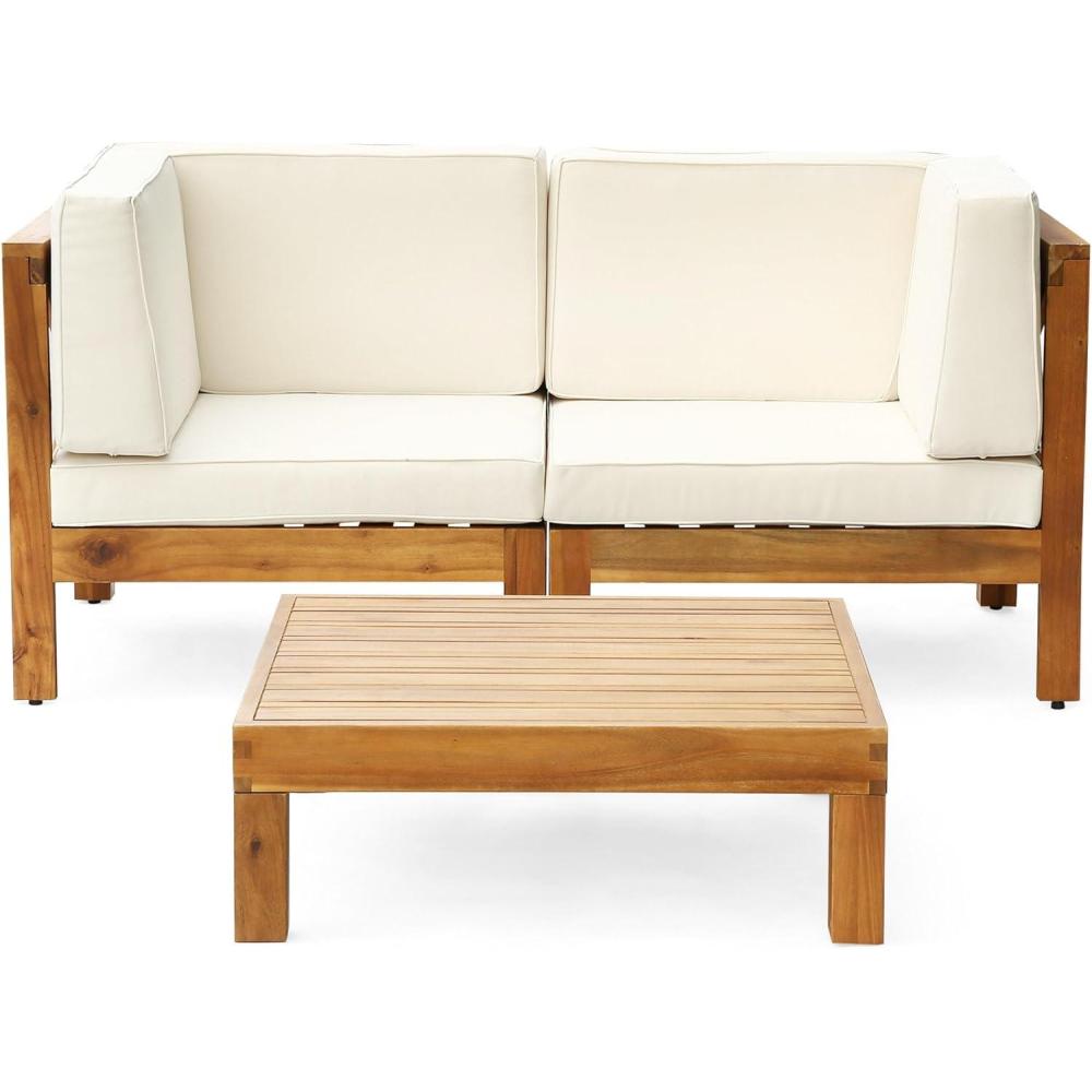 image:imageChristopher Knight Home Brava Outdoor Modular Acacia Wood Loveseat and Coffee Table Set with Cushions WaterResistant Cushions Teak and Beige