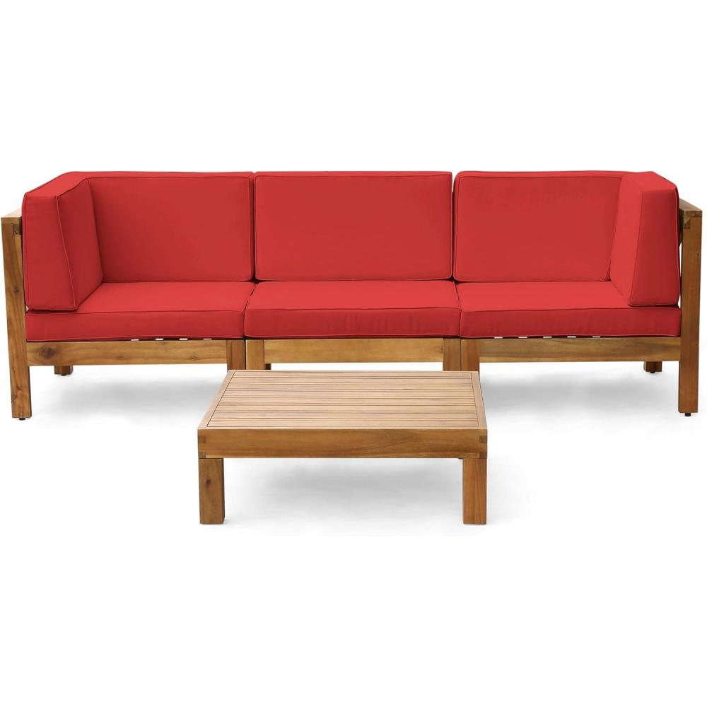 image:imageChristopher Knight Home Brava Outdoor Modular Acacia Wood Sofa and Coffee Table Set with Cushions Teak and Red