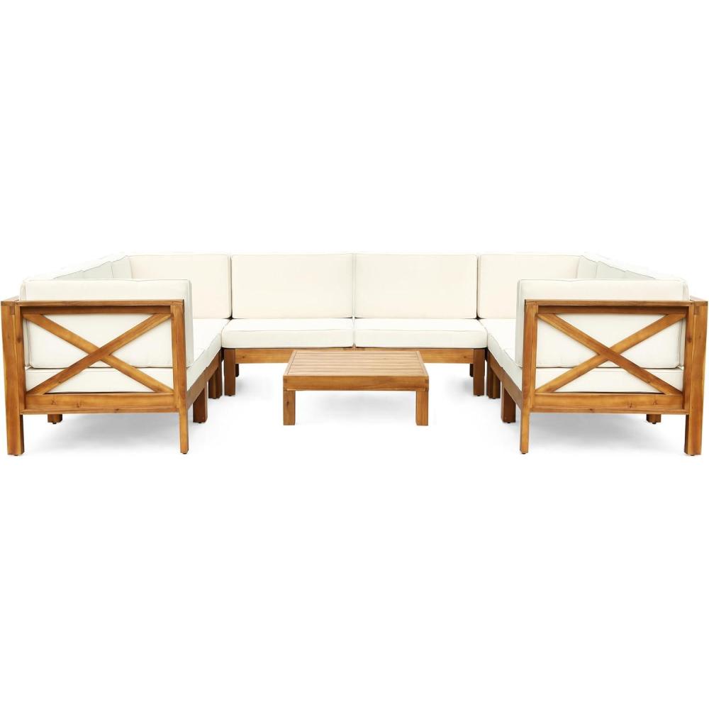 image:imageChristopher Knight Home Bravap Outdoor Acacia Wood 8 Seater UShaped Sectional Couches Sofa Patio Furniture Set with Coffee Table 11650 W x 8850 D x 265 H Teak  Beige