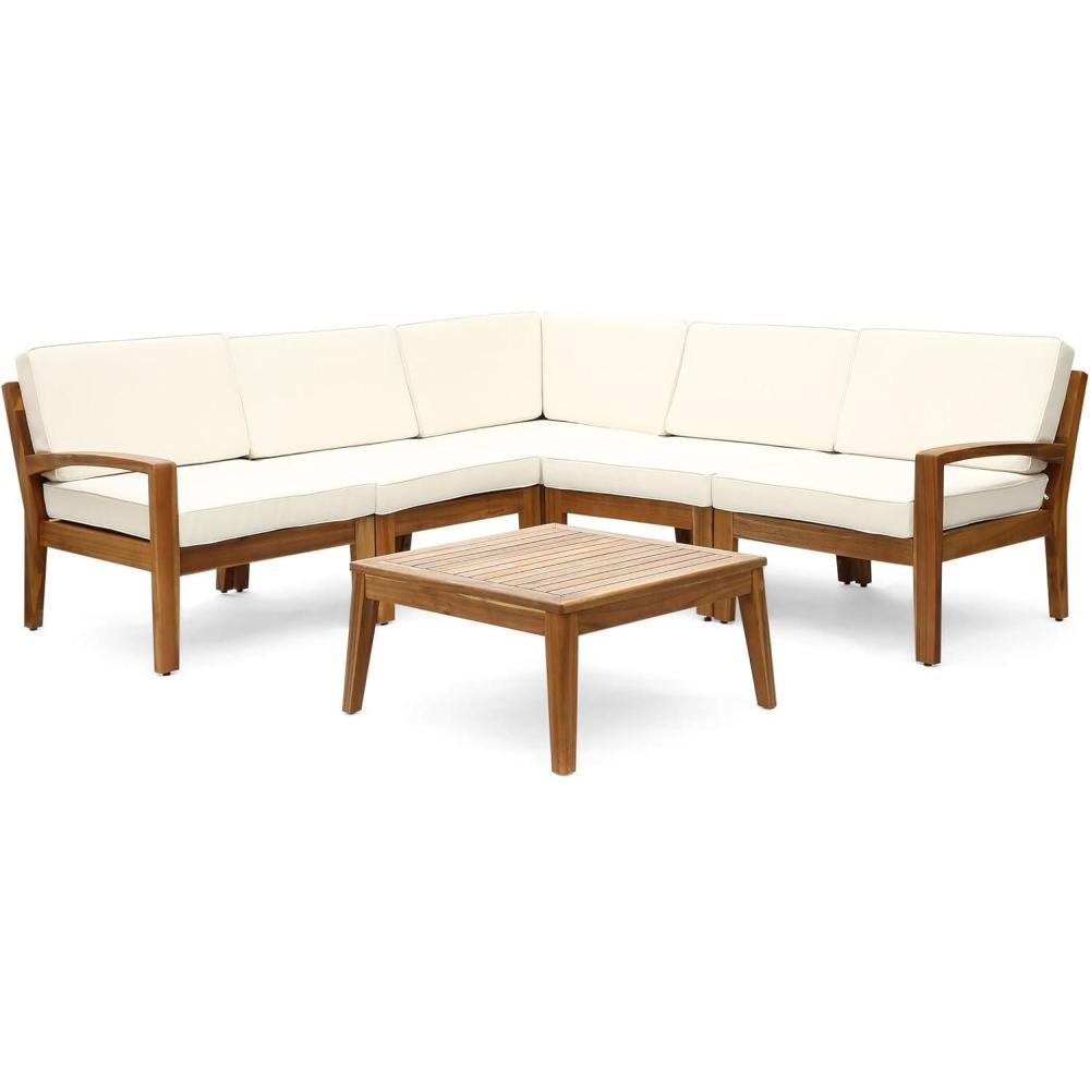 image:imageChristopher Knight Home Grena Outdoor Acacia Wood 5 Seater Sectional Conversation Set with Coffee Table Teak and Beige