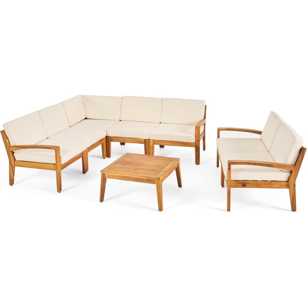 image:imageChristopher Knight Home Grena Outdoor Acacia Wood 7 Seater Sectional Conversation Set with Coffee Table Teak and Beige
