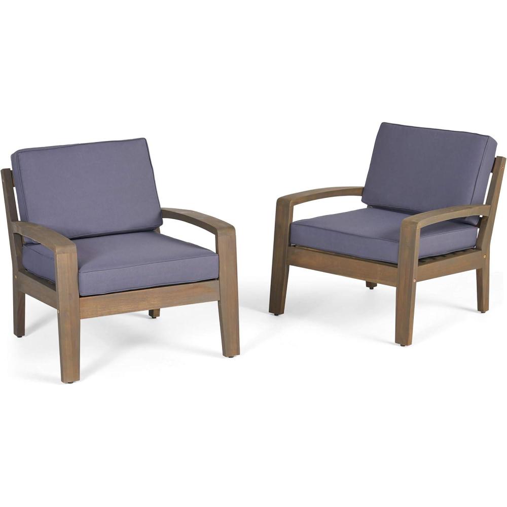image:imageChristopher Knight Home Grenada Outdoor Acacia Wood Club Chairs with Water Resistant Cushions 2Pcs Set Grey Finish Dark Grey