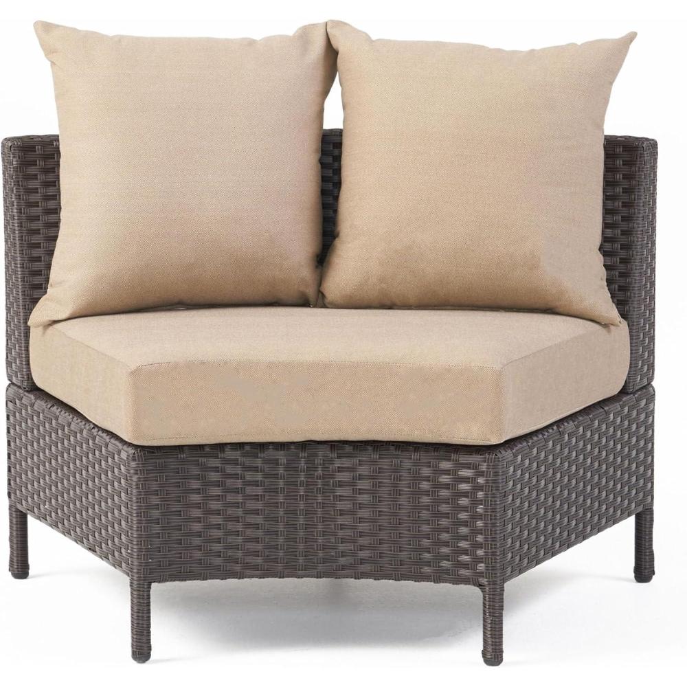 image:imageChristopher Knight Home Newton Outdoor Porch Transitional Curved Wicker Loveseat Sectional Sofa with Cushions Dark BrownBeige