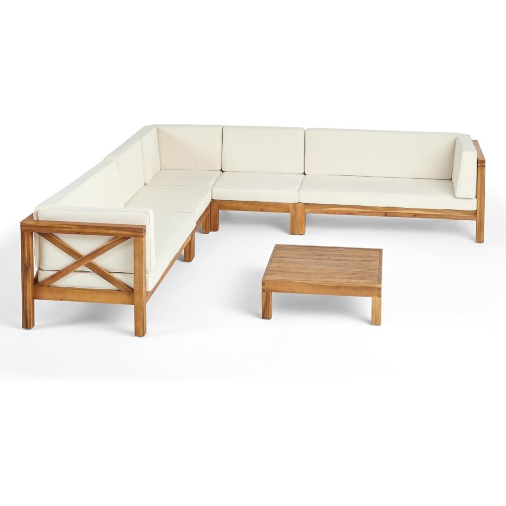 image:imageChristopher Knight Home Outdoor 7 Seater Acacia Wood Sectional Sofa Set Teak Finish and Beige
