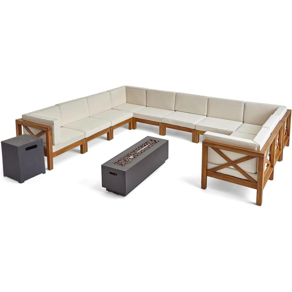 image:imageChristopher Knight Home Outdoor Acacia Wood 10 Seater UShaped Sectional Sofa Set with Fire Pit Teak Beige and Dark Gray