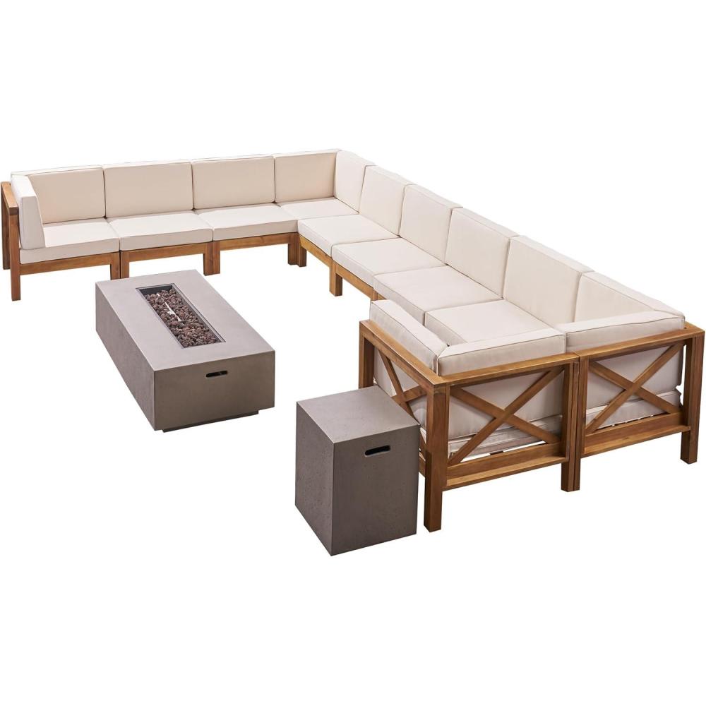 image:imageChristopher Knight Home Outdoor Acacia Wood 10 Seater UShaped Sectional Sofa Set with Fire Pit Teak Beige and Light Gray