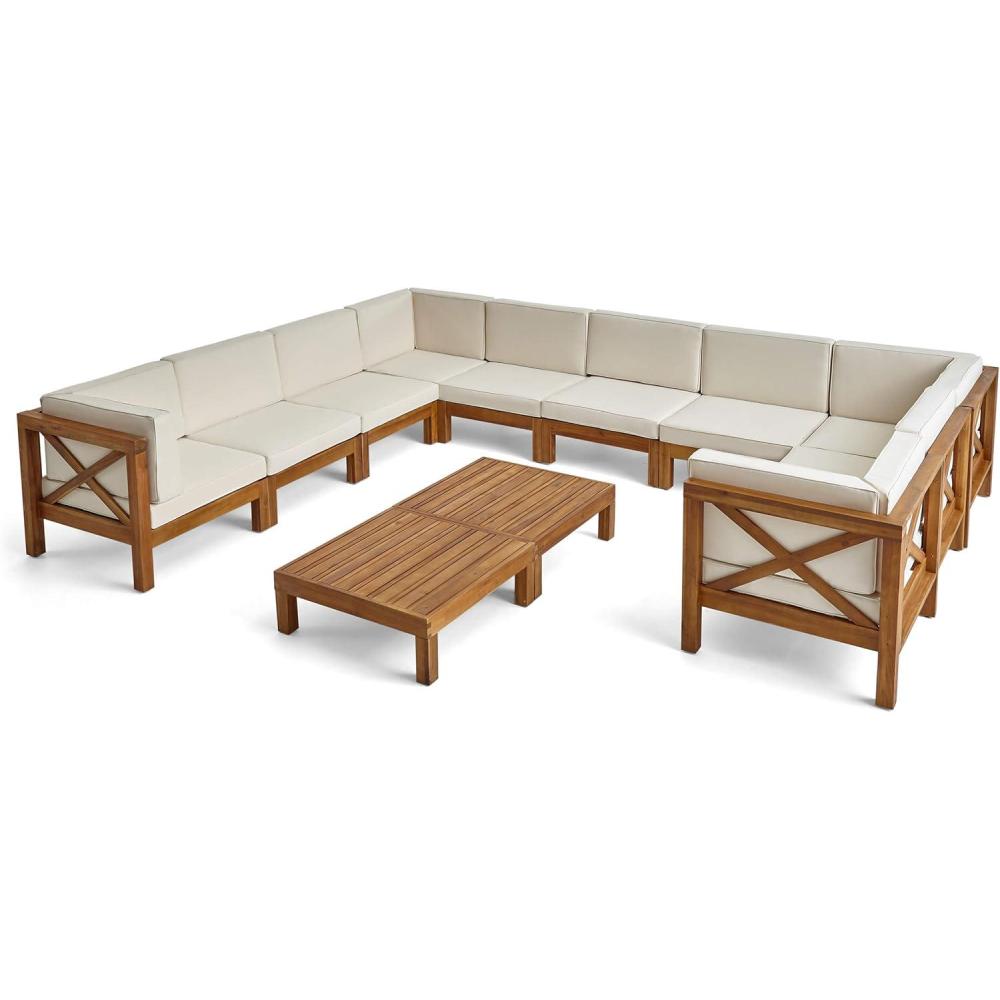 image:imageChristopher Knight Home Outdoor Acacia Wood 10 Seater UShaped Sectional Sofa Set with Two Coffee Tables Teak and Beige