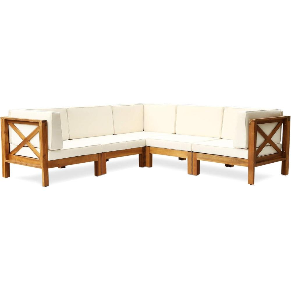 image:imageChristopher Knight Home Outdoor Acacia Wood 5 Seater Sectional Sofa Set with WaterResistant Cushions Teak and Beige