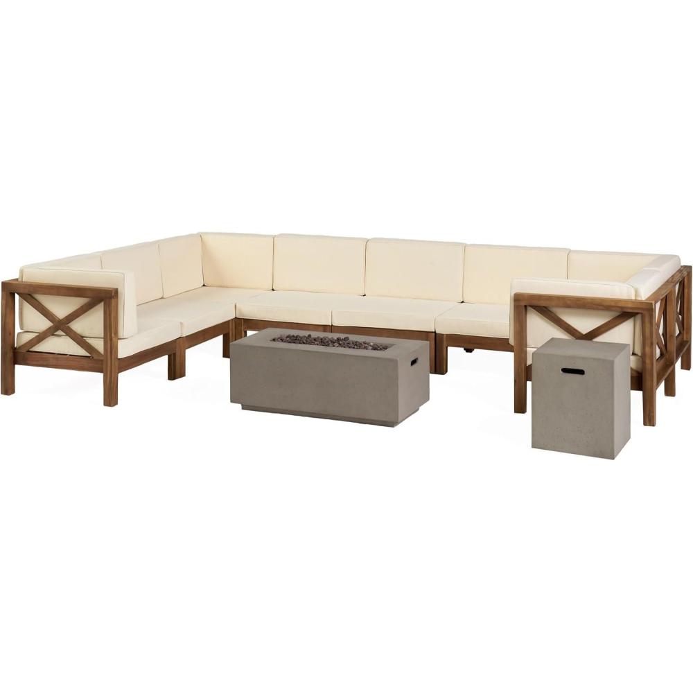 image:imageChristopher Knight Home Outdoor Acacia Wood 8 Seater UShaped Sectional Sofa Set with Fire Pit Teak Beige and Light Gray