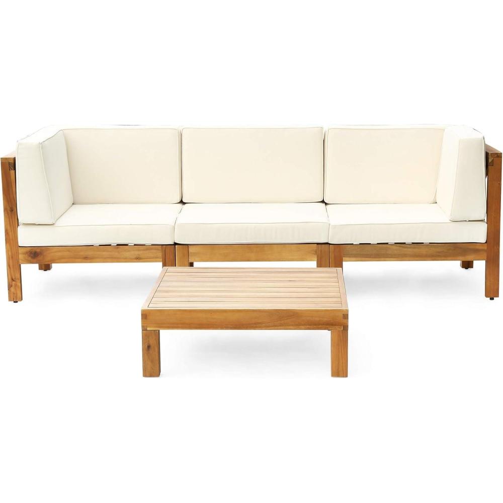 image:imageChristopher Knight Home Outdoor Modular Acacia Wood Sofa and Coffee Table Set with Cushions Teak and Beige