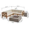 Christopher Knight Home Brava Outdoor Acacia Wood 5 Seater Sectional Patio Sofa Furniture Conversation Sets with Fire Pit and Cushions, 28 “W x 30.25 “D x 26.5 “H, Teak + Beige