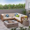 Christopher Knight Home Brava Outdoor Acacia Wood 5 Seater Sectional Patio Sofa Furniture Conversation Sets with Fire Pit and Cushions, 28 “W x 30.25 “D x 26.5 “H, Teak + Beige