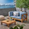 Christopher Knight Home Brava Outdoor Modular Acacia Wood Loveseat and Coffee Table Set with Cushions, Teak and Blue
