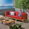 Christopher Knight Home Brava Outdoor Modular Acacia Wood Sofa and Coffee Table Set with Cushions, Teak and Red