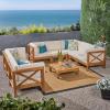 Christopher Knight Home Bravap Outdoor Acacia Wood 8 Seater Sectional Couches Sofa Set Patio Furniture Setwith Coffee Table, 88.5 “W x 88.5 “D x 26.5 “H, Teak + Beige