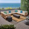 Christopher Knight Home Outdoor Acacia Wood 10 Seater U-Shaped Sectional Sofa Set with Fire Pit, Teak, Beige, and Dark Gray