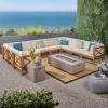 Christopher Knight Home Outdoor Acacia Wood 10 Seater U-Shaped Sectional Sofa Set with Fire Pit, Teak, Beige, and Light Gray