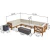 Christopher Knight Home Outdoor Farmhouse Acacia Wood 8 Seater U-Shaped Sectional Sofa Set with Fire Pit, Teak, Beige, and Dark Gray