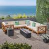 Christopher Knight Home Outdoor Farmhouse Acacia Wood 8 Seater U-Shaped Sectional Sofa Set with Fire Pit, Teak, Beige, and Dark Gray
