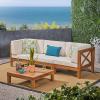 Christopher Knight Home Outdoor Modular Acacia Wood Sofa and Coffee Table Set with Cushions, Teak and Beige