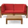 Christopher Knight Home Brava Outdoor Modular Acacia Wood Loveseat and Coffee Table Set, Water-Resistant Cushions, 30.25 “W x 30.25 “D x 26.5 “H, Teak + Red