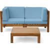 Christopher Knight Home Brava Outdoor Modular Acacia Wood Loveseat and Coffee Table Set with Cushions, Teak and Blue