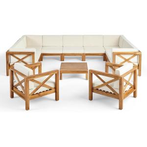 Christopher Knight Home Brava Outdoor Acacia Wood 11 Seater Sectional Patio Sofa Furniture Chat Conversation Sets with Cushions and Coffee Table, 28 “W x 30.25 “D x 26.5 “H, Teak + Beige