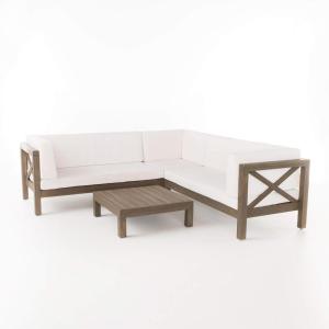 Christopher Knight Home Brava Outdoor Acacia Wood 5-Seater Sectional Sofa Set with Coffee Table and Water Resistant Cushions, 6-pcs Set, Gray Finish / White
