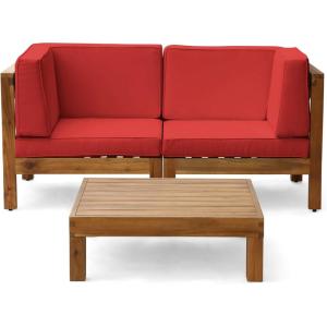 Christopher Knight Home Brava Outdoor Modular Acacia Wood Loveseat and Coffee Table Set, Water-Resistant Cushions, 30.25 “W x 30.25 “D x 26.5 “H, Teak + Red