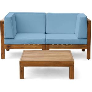 Christopher Knight Home Brava Outdoor Modular Acacia Wood Loveseat and Coffee Table Set with Cushions, Teak and Blue
