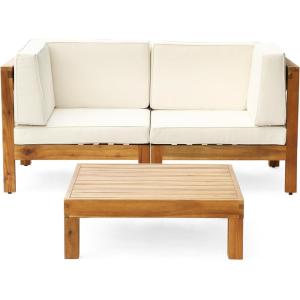 Christopher Knight Home Brava Outdoor Modular Acacia Wood Loveseat and Coffee Table Set with Cushions, Water-Resistant Cushions, Teak and Beige