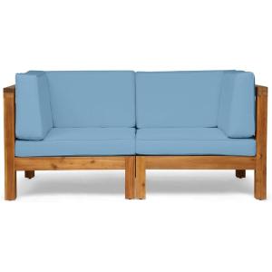 Christopher Knight Home Brava Outdoor Modular Acacia Wood Loveseat with Cushions, Teak and Blue