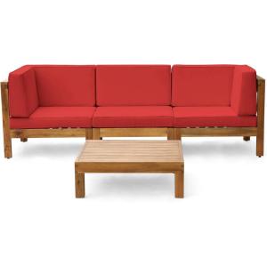 Christopher Knight Home Brava Outdoor Modular Acacia Wood Sofa and Coffee Table Set with Cushions, Teak and Red