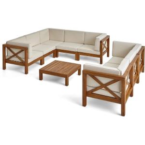 Christopher Knight Home Bravap Outdoor Acacia Wood 8 Seater Sectional Couches Sofa Set Patio Furniture Setwith Coffee Table, 88.5 “W x 88.5 “D x 26.5 “H, Teak + Beige