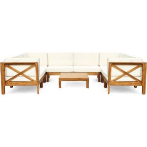 Christopher Knight Home Bravap Outdoor Acacia Wood 8 Seater U-Shaped Sectional Couches Sofa Patio Furniture Set with Coffee Table, 116.50 “W x 88.50 “D x 26.5 “H, Teak + Beige