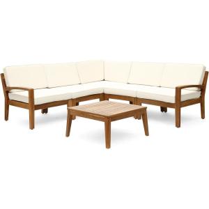Christopher Knight Home Grena Outdoor Acacia Wood 5 Seater Sectional Conversation Set with Coffee Table, Teak and Beige