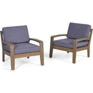 Christopher Knight Home Grenada Outdoor Acacia Wood Club Chairs with Water Resistant Cushions, 2-Pcs Set, Grey Finish / Dark Grey