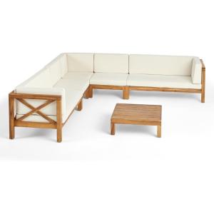 Christopher Knight Home Outdoor 7 Seater Acacia Wood Sectional Sofa Set, Teak Finish and Beige