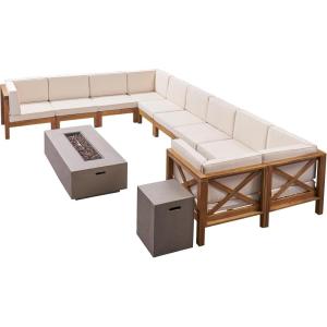 Christopher Knight Home Outdoor Acacia Wood 10 Seater U-Shaped Sectional Sofa Set with Fire Pit, Teak, Beige, and Light Gray