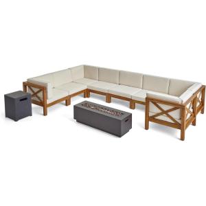 Christopher Knight Home Outdoor Farmhouse Acacia Wood 8 Seater U-Shaped Sectional Sofa Set with Fire Pit, Teak, Beige, and Dark Gray