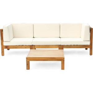 Christopher Knight Home Outdoor Modular Acacia Wood Sofa and Coffee Table Set with Cushions, Teak and Beige