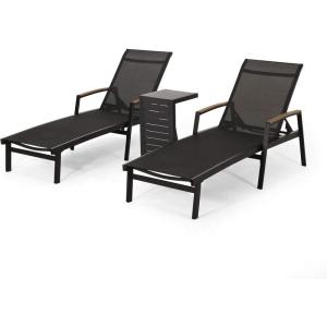 Teresa Outdoor Aluminum Chaise Lounge Set with C-Shaped End Table, White(Black)