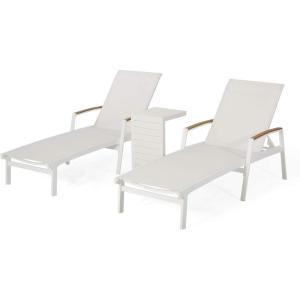 Teresa Outdoor Aluminum Chaise Lounge Set with C-Shaped End Table, White(White)