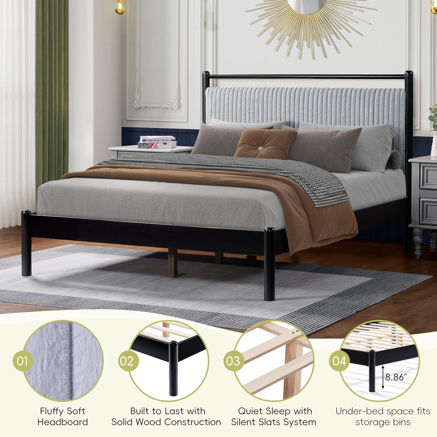 image:imageChristopher Knight Home Elize Queen Size Wood Platform Bed Frame with Fluffy Soft Upholstered Headboard Wood Bed Support and Slat Fully Mattress Foundation No Box Spring Needed BlackGrayQueen