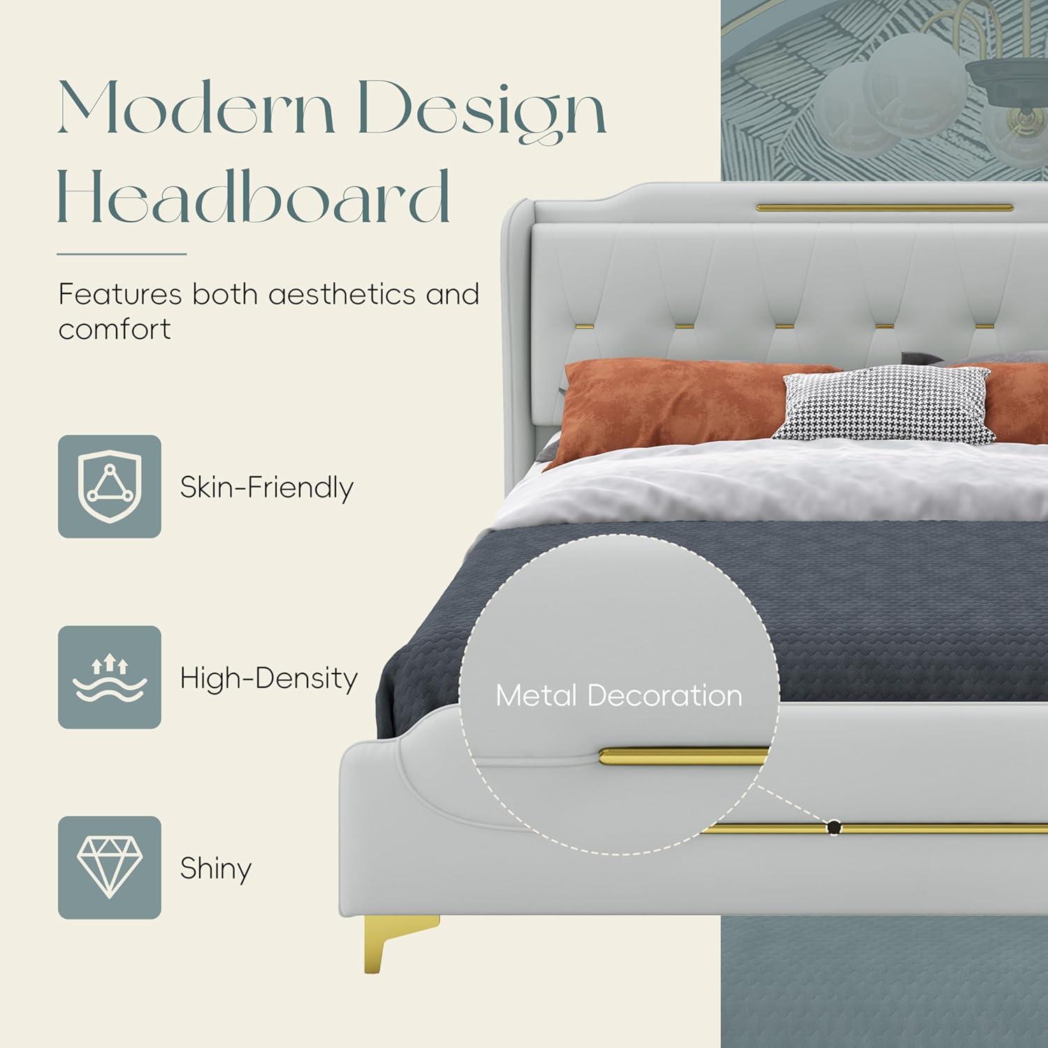 image:imageChristopher Knight Home Queen Upholstered Bed Frame 4525 High Headboard with Bed Frame PU Leather Platform Bed with Footboard Wooden Slats Support No Box Spring Needed Easy Assembly GreyGrey King Size