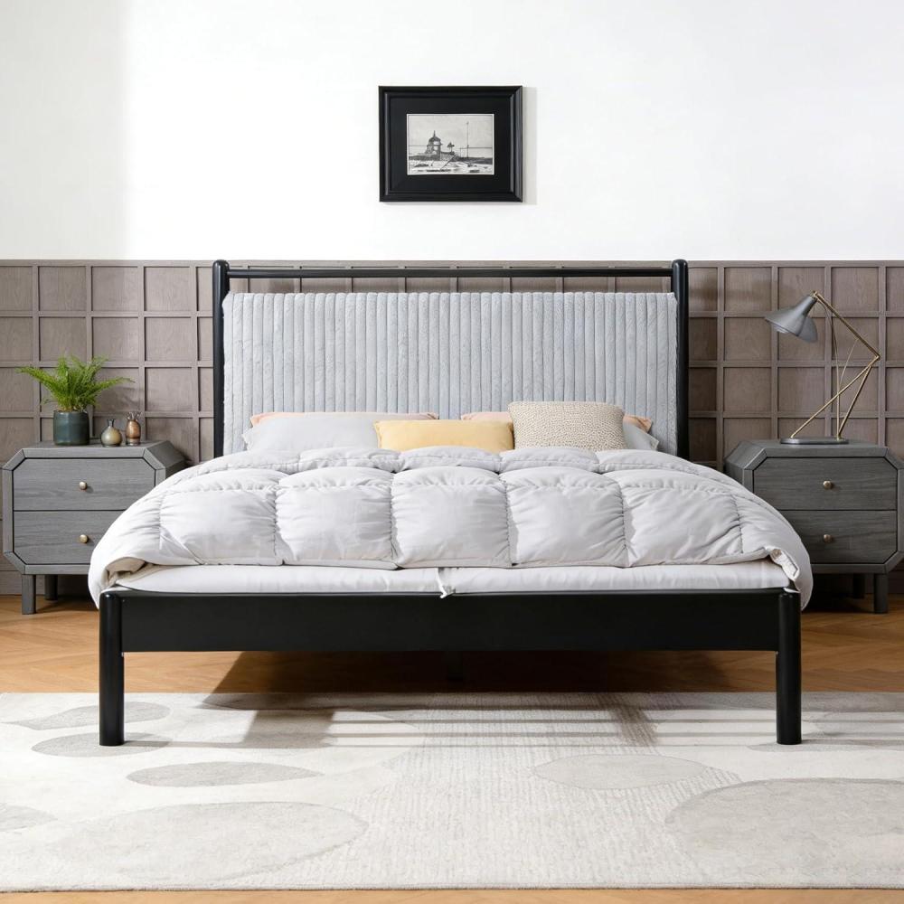 image:imageChristopher Knight Home Elize Queen Size Wood Platform Bed Frame with Fluffy Soft Upholstered Headboard Wood Bed Support and Slat Fully Mattress Foundation No Box Spring Needed BlackGrayFull