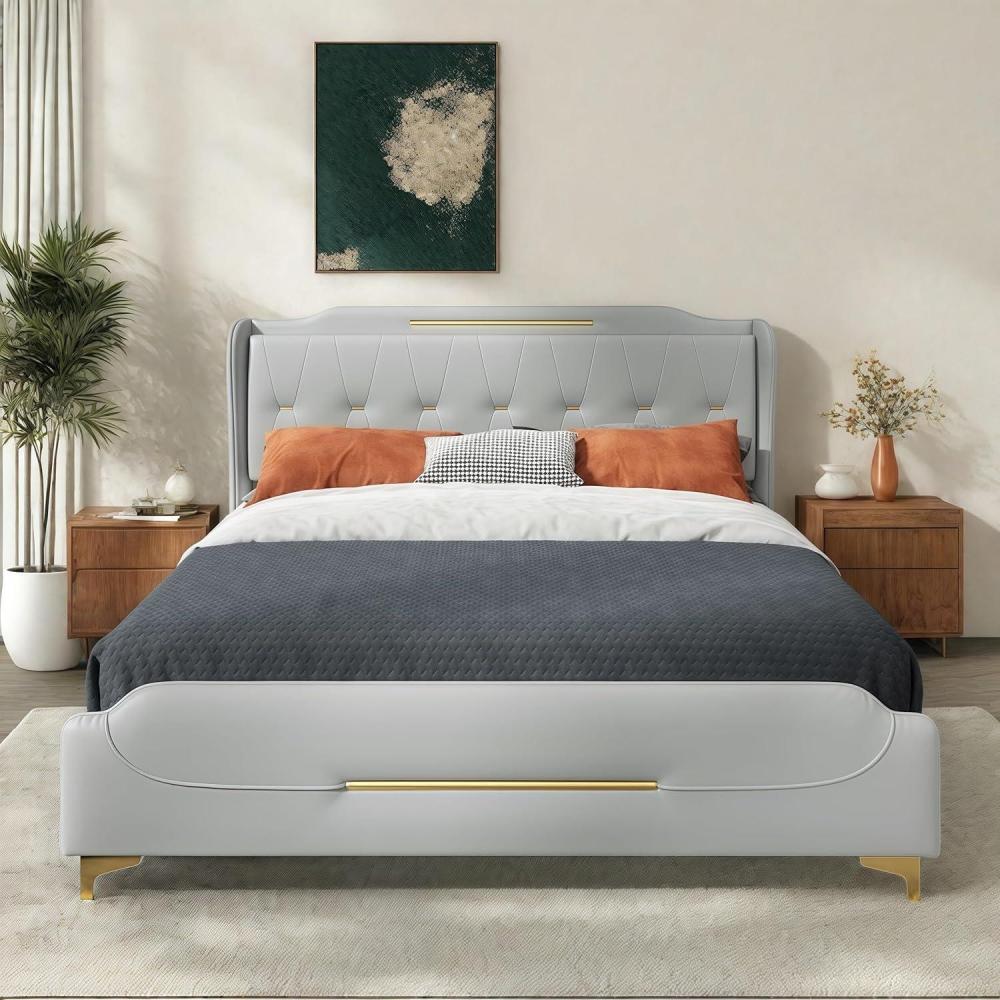 image:imageChristopher Knight Home Queen Upholstered Bed Frame 4525 High Headboard with Bed Frame PU Leather Platform Bed with Footboard Wooden Slats Support No Box Spring Needed Easy Assembly GreyGrey King Size
