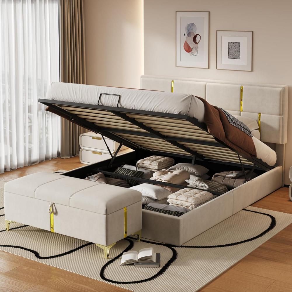 image:imageGDFStudio Gomar 2Piece Bedroom Sets Queen Size Storage Bed Frame with Hydraulic Lift amp Ottoman Bench Velvet Upholstered Platform Bed Soft Fabric Headboard No Spring Box Needed Gold Decor BeigeBeige